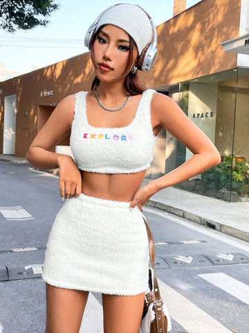 Drop Shoulder Fluffy Knit Jacket & Cami Dress