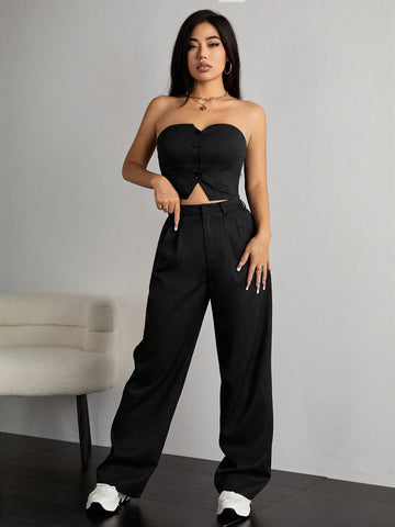Women'S Bandeau Top And Straight Pants Set