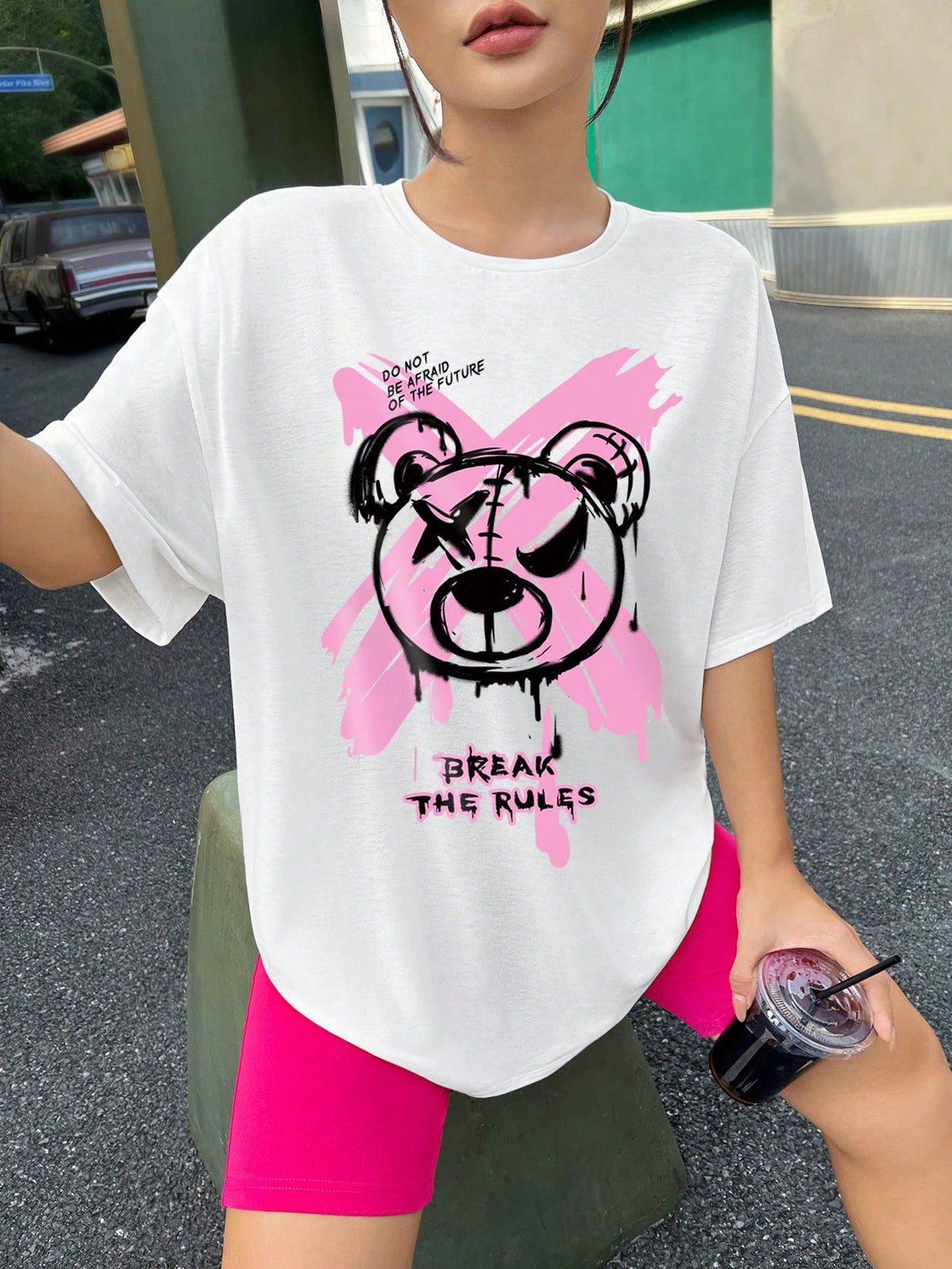 Women'S Bear Print Slogan T-Shirt And Shorts Set