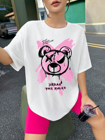 Women'S Bear Print Slogan T-Shirt And Shorts Set