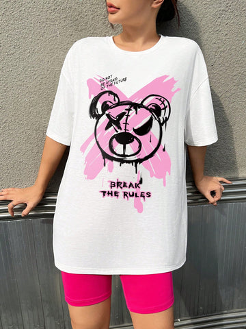 Women'S Bear Print Slogan T-Shirt And Shorts Set