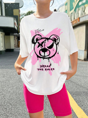 Women'S Bear Print Slogan T-Shirt And Shorts Set