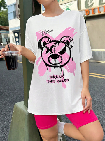 Women'S Bear Print Slogan T-Shirt And Shorts Set