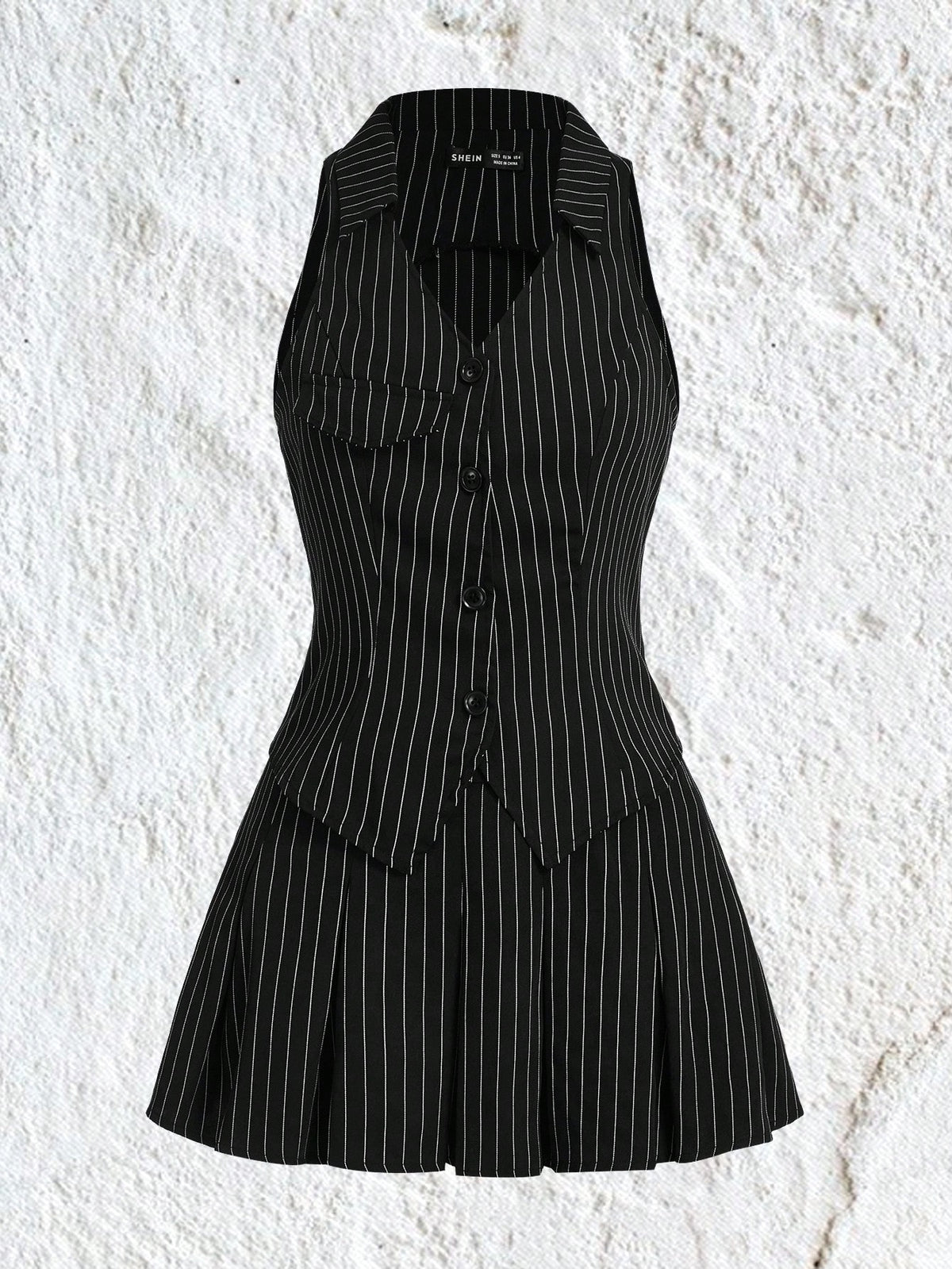 Women'S Black Striped Sleeveless Shirt And Woven Skirt Set