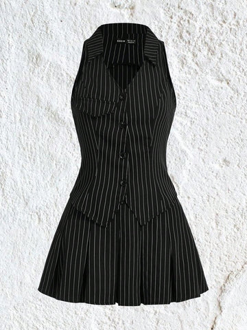 Women'S Black Striped Sleeveless Shirt And Woven Skirt Set