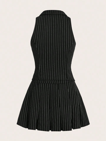 Women'S Black Striped Sleeveless Shirt And Woven Skirt Set