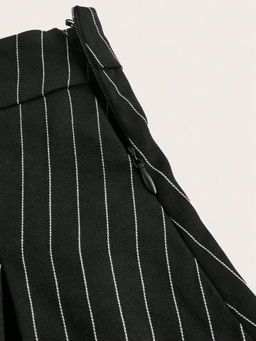 Women'S Black Striped Sleeveless Shirt And Woven Skirt Set