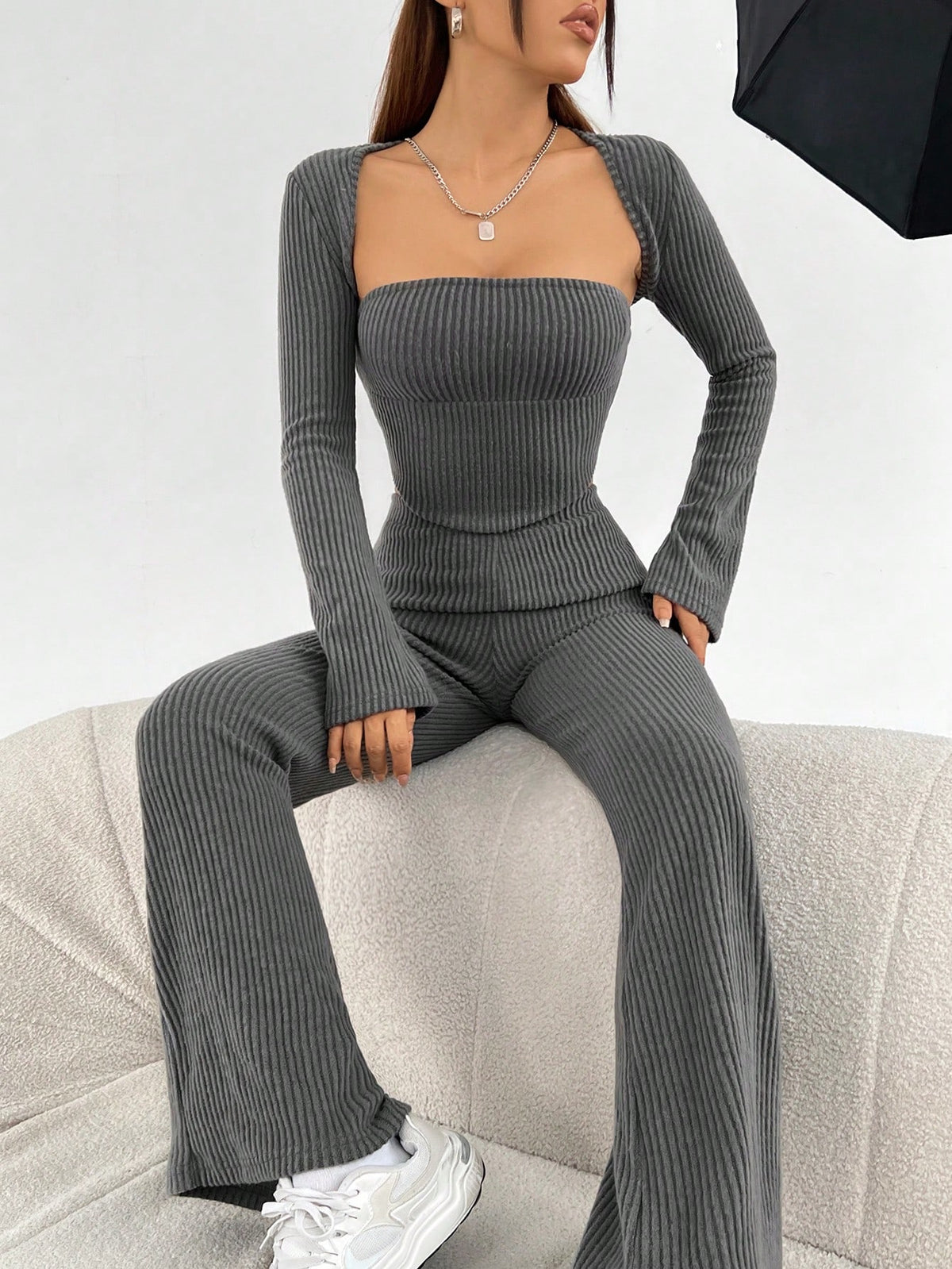 Women'S Grey Knitted Top And Pants Set