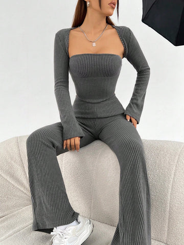 Women'S Grey Knitted Top And Pants Set