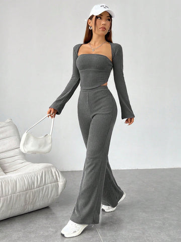 Women'S Grey Knitted Top And Pants Set