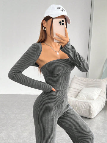 Women'S Grey Knitted Top And Pants Set