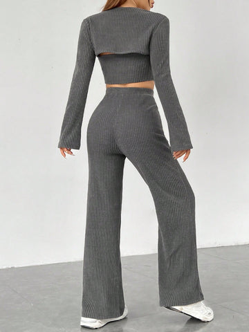 Women'S Grey Knitted Top And Pants Set