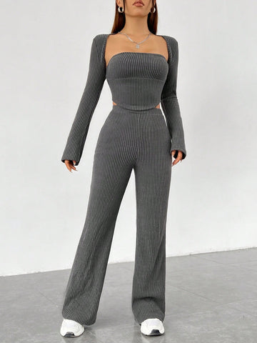Women'S Grey Knitted Top And Pants Set