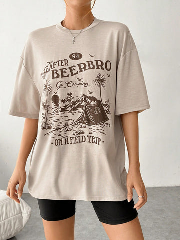 Women'S Letter And Coconut Tree Print T-Shirt And Shorts Set