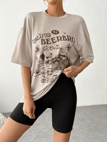 Women'S Letter And Coconut Tree Print T-Shirt And Shorts Set