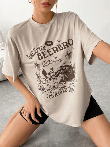 Women'S Letter And Coconut Tree Print T-Shirt And Shorts Set