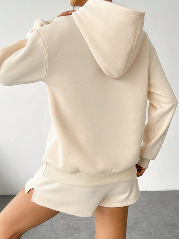Women'S Letter Embellished Kangaroo Pocket Hoodie And Shorts Set