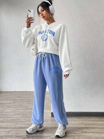 Women'S Letter Pattern Drawstring Hooded Off-Shoulder Sweatshirt And Sweatpants Two-Piece Set
