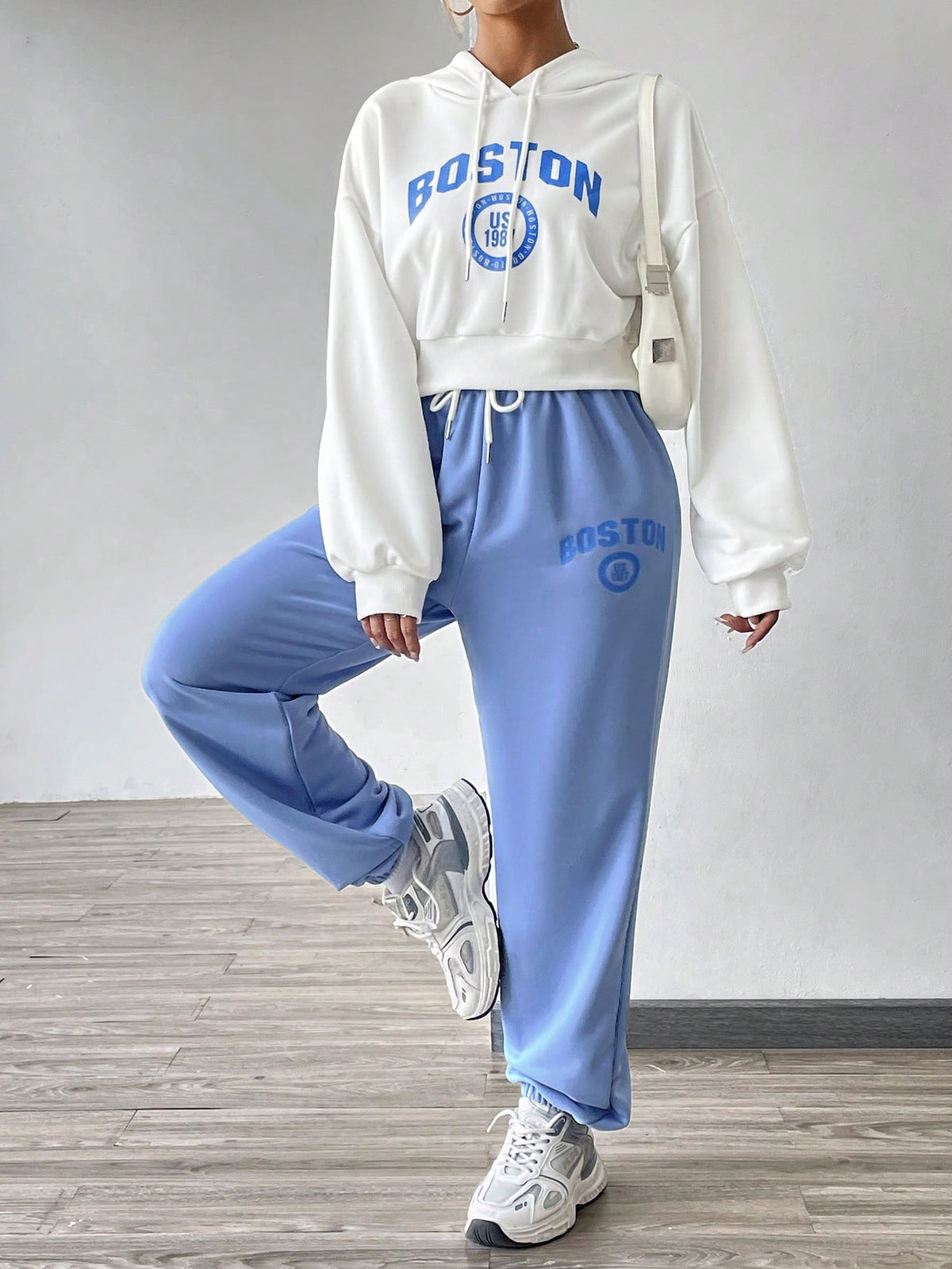 Women'S Letter Pattern Drawstring Hooded Off-Shoulder Sweatshirt And Sweatpants Two-Piece Set