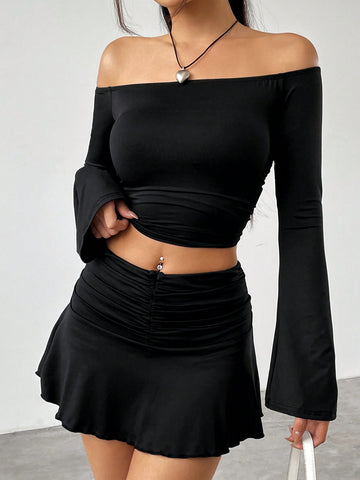 Women'S Off Shoulder Long Sleeve T-Shirt And Skirt Set