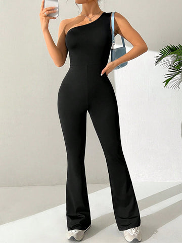 Women'S One Shoulder Sleeveless Flared Jumpsuit