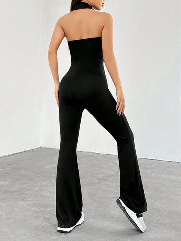 Women'S Pure Color Sleeveless Jumpsuit With Lapel Collar