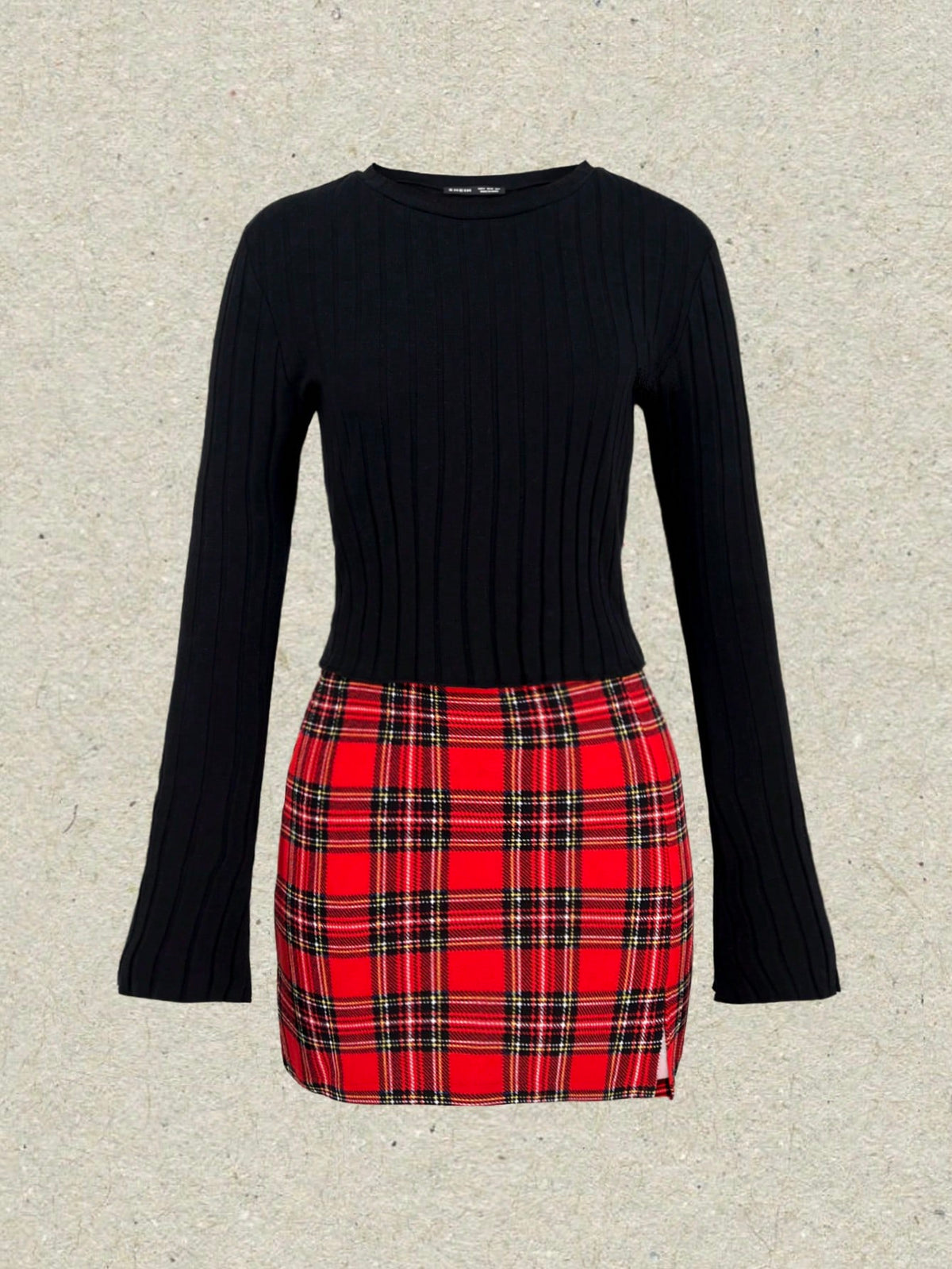 Women'S Ribbed Long-Sleeved T-Shirt And Plaid Skirt Two-Piece Set