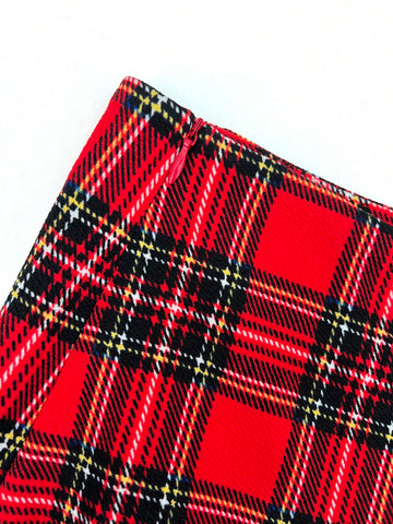 Women'S Ribbed Long-Sleeved T-Shirt And Plaid Skirt Two-Piece Set