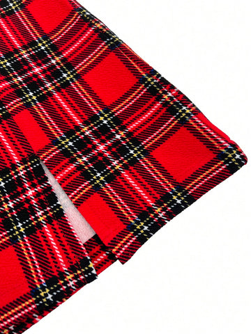 Women'S Ribbed Long-Sleeved T-Shirt And Plaid Skirt Two-Piece Set