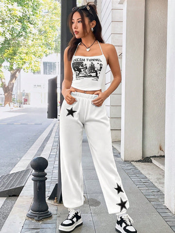 Women'S Slogan Print Halter Top And Star Print Pants Set