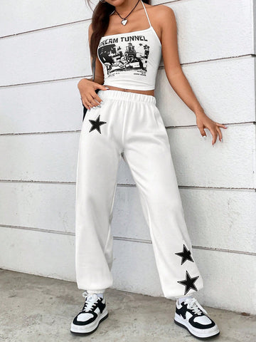 Women'S Slogan Print Halter Top And Star Print Pants Set