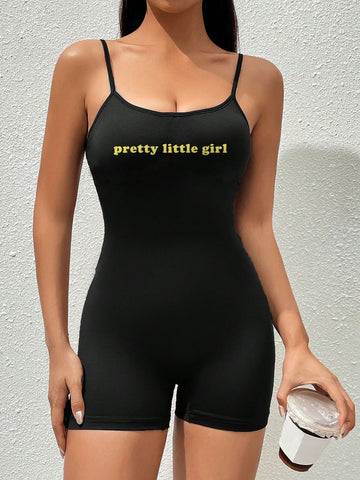 Women'S Slogan Print Tight Romper With Spaghetti Straps