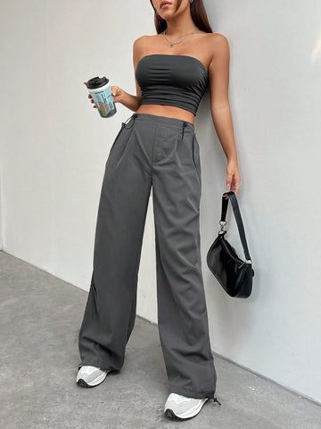 Women'S Solid Color Bandeau Top And Long Pants Set