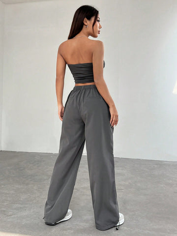 Women'S Solid Color Bandeau Top And Long Pants Set