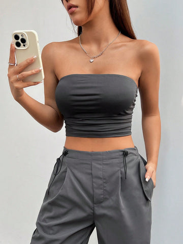 Women'S Solid Color Bandeau Top And Long Pants Set