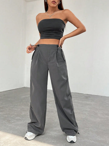 Women'S Solid Color Bandeau Top And Long Pants Set
