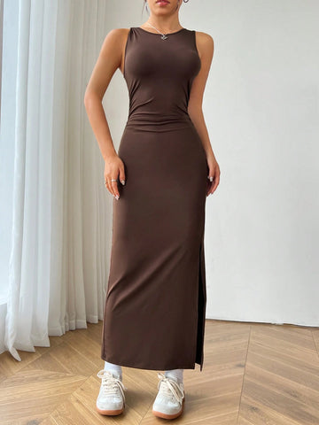 Women'S Solid Color Slit Slim Fit Tank Dress