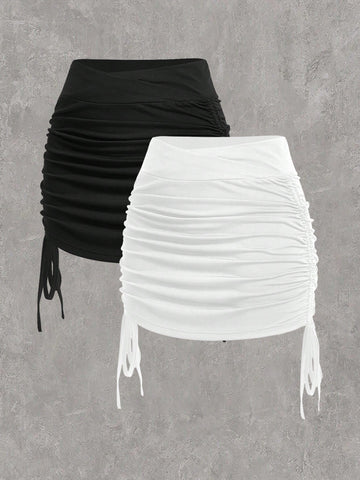 EZwear Women'S Solid Color Tight Fit Drawstring Waist Skirt