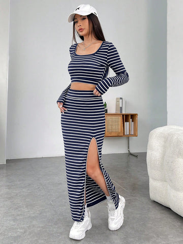 Women'S Striped Knit Long Sleeve Top & Split Hem Midi Skirt Set