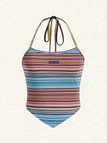Women'S Striped Patch Detail Halter Neck Cami Top And Shirt 2pcs/Set