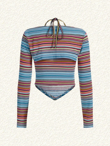 Women'S Striped Patch Detail Halter Neck Cami Top And Shirt 2pcs/Set