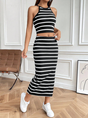 Women'S Striped Sleeveless Vest With Split Hem Skirt Set