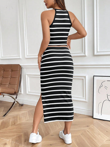 Women'S Striped Sleeveless Vest With Split Hem Skirt Set