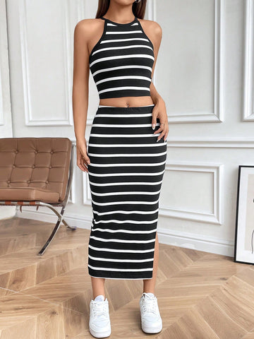 Women'S Striped Sleeveless Vest With Split Hem Skirt Set