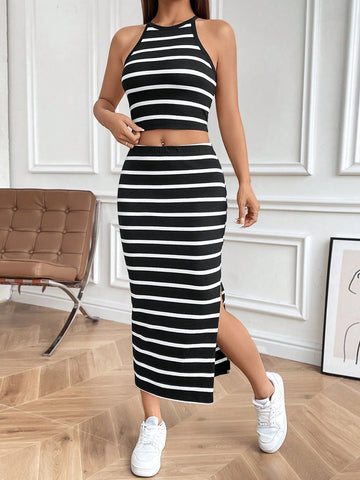 Women'S Striped Sleeveless Vest With Split Hem Skirt Set