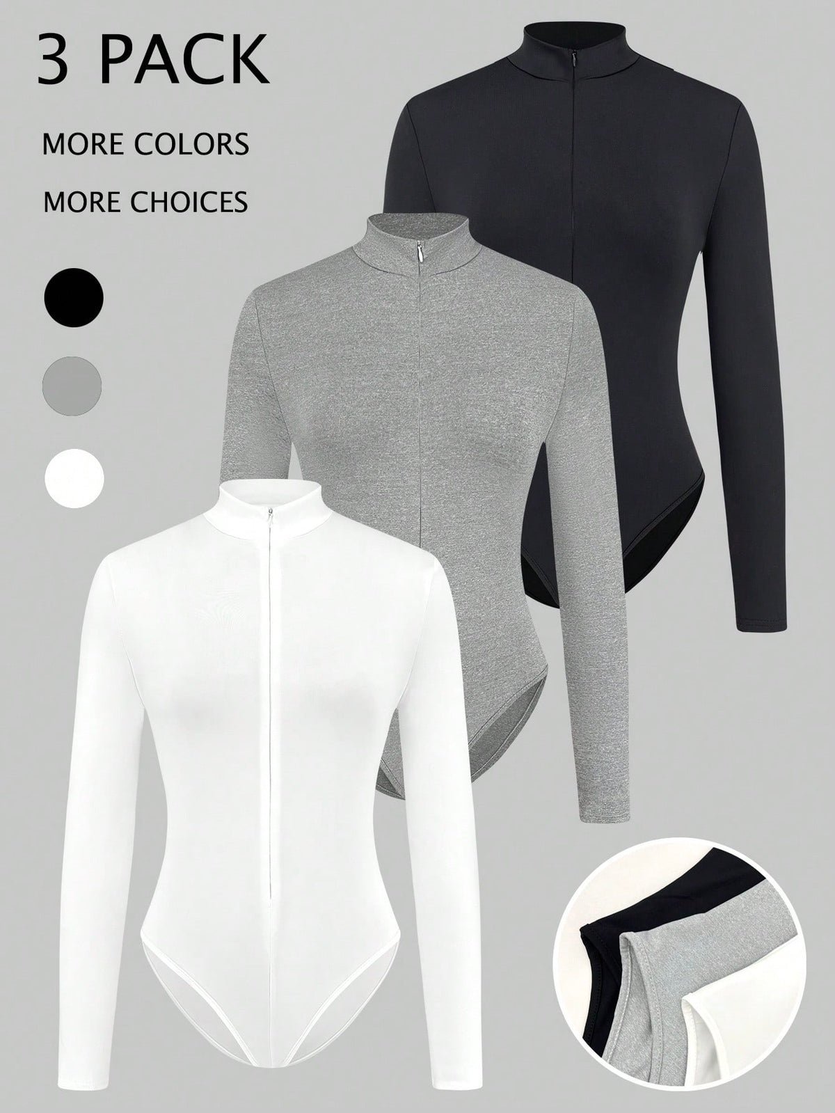 Women'S Zip-Up Front Stand Collar Long Sleeve Bodysuit