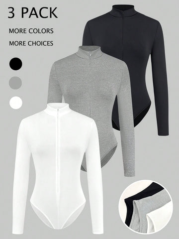 Women'S Zip-Up Front Stand Collar Long Sleeve Bodysuit