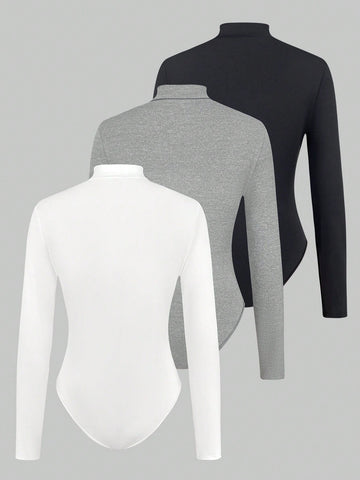 Women'S Zip-Up Front Stand Collar Long Sleeve Bodysuit
