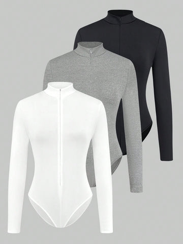 Women'S Zip-Up Front Stand Collar Long Sleeve Bodysuit