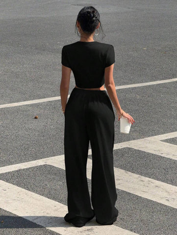 2pcs Women Solid Color Round Neck Short Sleeve Top And Pants Set, Minimalist